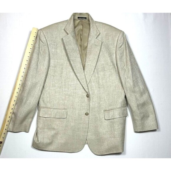Towncraft Mens 44 R 100% Silk Beige Blazer Lined Herringbone Tan Sports Coat - Picture 3 of 15
